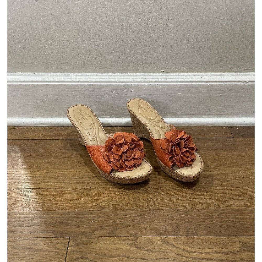Born Flower Cork Wedge Sandals Orange Leather Slip On Women’s Platform Size 10